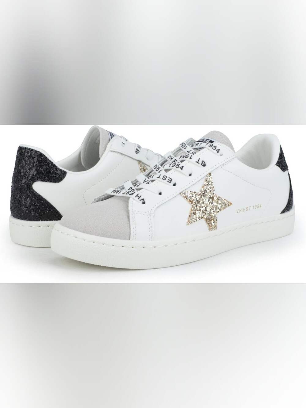 Womens Vintage Havana White Fashion Sneaker Legend AM Gold Star Black Heel, 9
